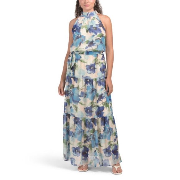 julia jordan Dresses & Skirts - JULIA JORDAN Halter Chiffon Lined Maxi Dress Tiered Full Skirt Floral Blue 14